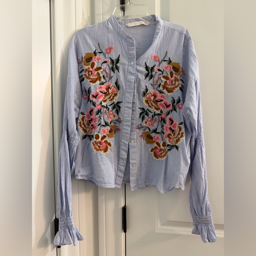 Zara Blue and White Striped Blouse with floral embroidery detail